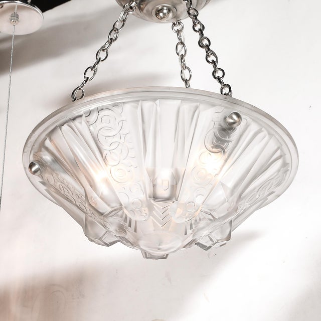 Muller Frères 1930s Stunning Art Deco Cubist Detailed Molded Glass Chandelier Signed Muller Freres For Sale - Image 4 of 18