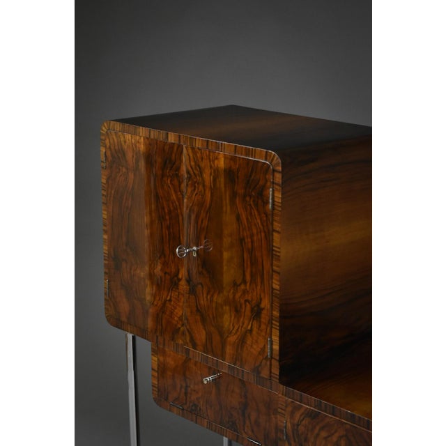 Wood Art Deco Asymmetrical Cabinet in Walnut and Chrome, Poland, 1930s For Sale - Image 7 of 13