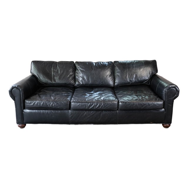 Restoration Hardware Lancaster Ebony Leather Luxe Sofa For Sale
