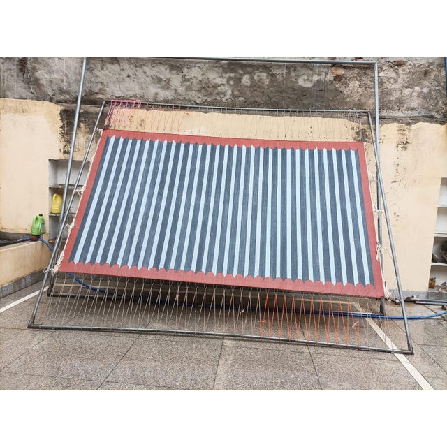 Handmade Cotton Area Rug, Vegetable Dyed, Sky Blue, Gray and Terracotta Striped Dhurrie -8'x12' For Sale - Image 9 of 13