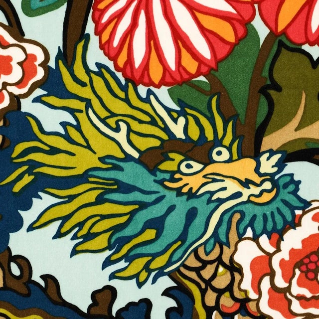 Art Deco Sample - Schumacher Chiang Mai Dragon Velvet Fabric in Aquamarine For Sale - Image 3 of 5