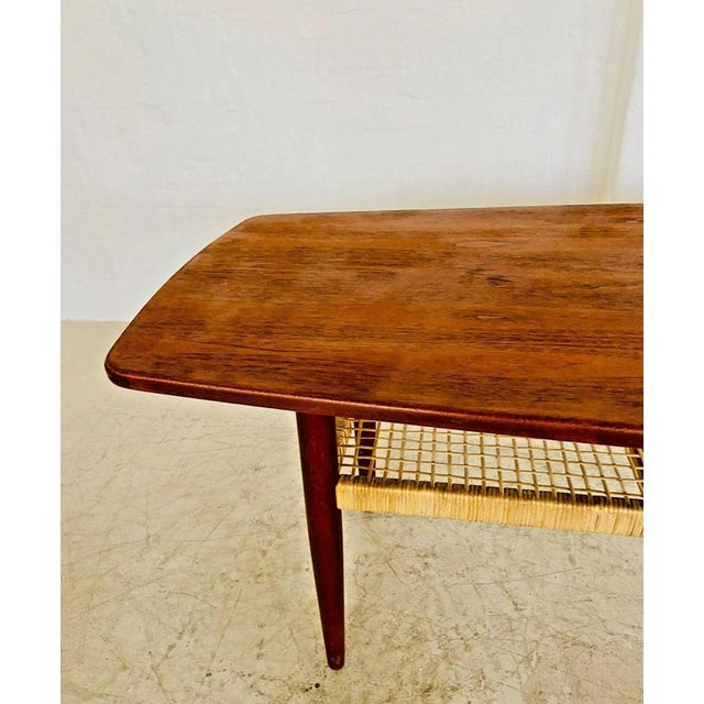 Vintage Danish Teak Coffee Table with Woven Rattan Magazine Shelf, 1960s For Sale - Image 6 of 18