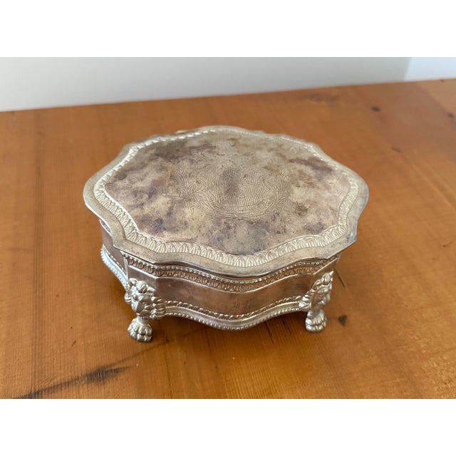 Metal Vintage Silverplate Crest Trinket Box With Lion Paw Feet For Sale - Image 7 of 11