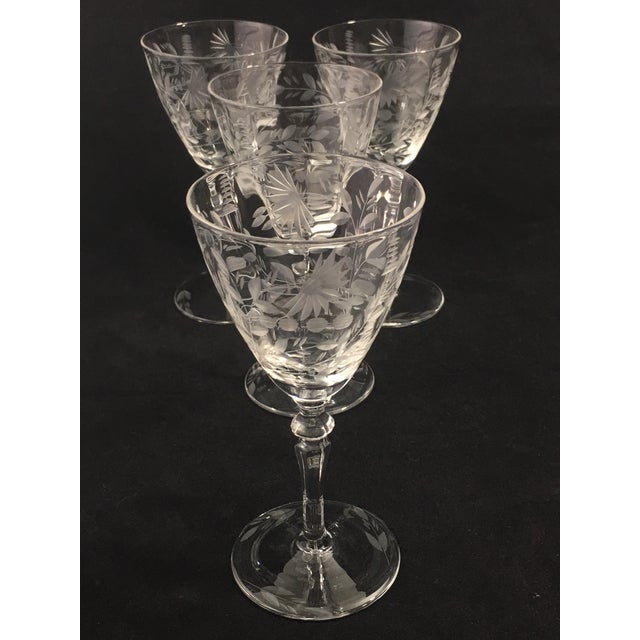 Vintage Wheel Cut Floral Pattern Crystal Aperitif Glassware Set of 4
