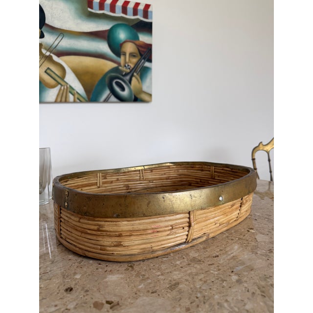Tan Split Reed Extra Large Italian Tray With Brass Trim, Hand Crafted, Bohemian For Sale - Image 8 of 16