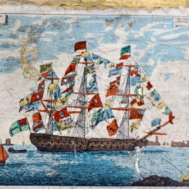 Sky Blue Early 20th Century Florentia King's Ship Dressed With Flags of Different Nations Decoupage Gilded Wooden Box For Sale - Image 8 of 15