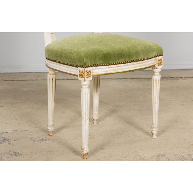 Antique French Louis XVI Style Painted Accent Chair in Moss Green Mohair For Sale - Image 15 of 18
