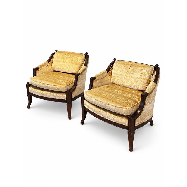 Gold Vintage Hollywood Regency Gold Damask Barrel Lounge Chairs — Pair For Sale - Image 8 of 12