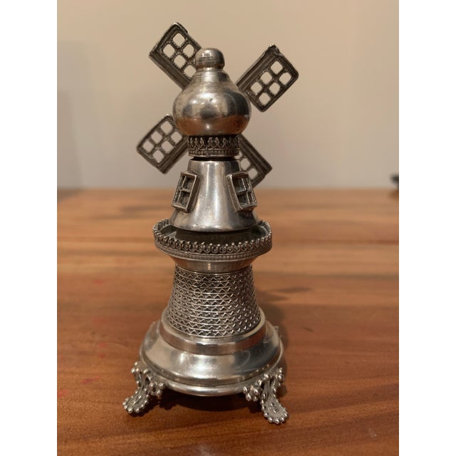 Gothic Mid-Century Sterling Silver Intricate Working Windmill Tower on Feet With Spinning Blades For Sale - Image 3 of 12