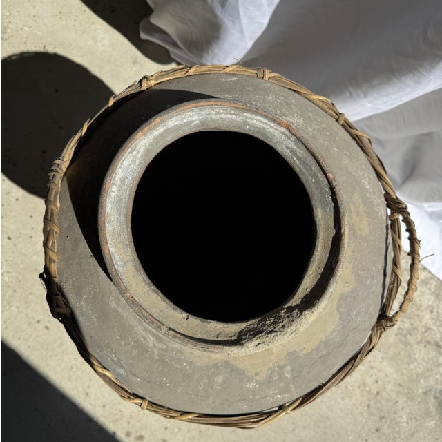 Large Light Grey Terracotta Pot with Rattan Handles and Crossbars, 1960s For Sale - Image 6 of 11