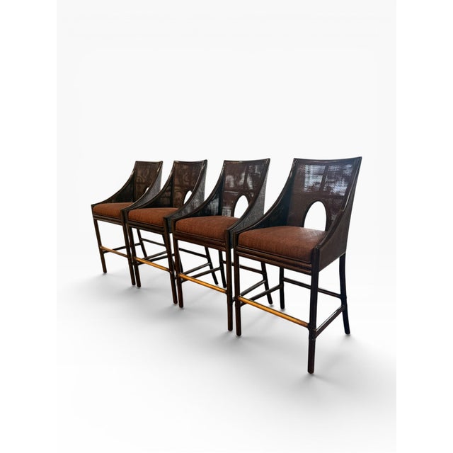 Wood Barbara Barry for McGuire Caned Bar Stools in Dark Tobacco — Set of 4 (2006) For Sale - Image 7 of 16