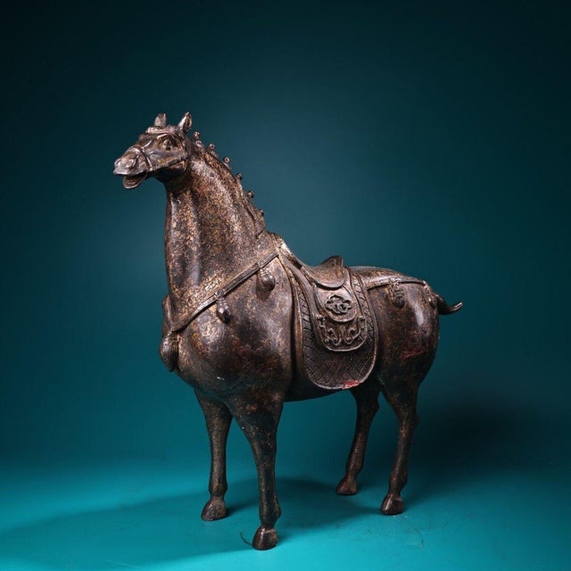 Heavy Vintage Chinese Gilt Bronze Tang Style Horse Sculpture For Sale - Image 4 of 9