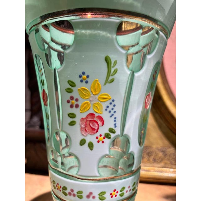 Antique Bohemian Blue Opaline Glass Goblets with Gilt Rims and Florals, Set of 2 For Sale - Image 4 of 8
