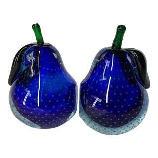 Vintage Murano Cobalt Blue Art Glass Pear Bookends - Pair For Sale