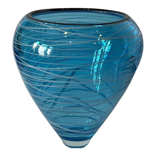 Art Glass Vase Blue With White Swirls For Sale