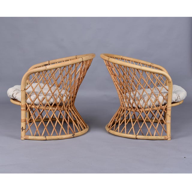 Pair of Vintage Trellis Woven Barrel Back Rattan Lounge Chairs For Sale - Image 6 of 17