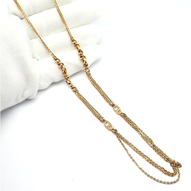 Metal Vintage Christian Dior Solid Gold CD Three Strand 28" Long Necklace Germany For Sale - Image 7 of 13