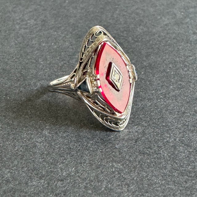 Art Deco 14K White Gold Ring Marquis Lab Ruby Filigree Setting Vintage Size 8 Vintage condition showing wear consistent...