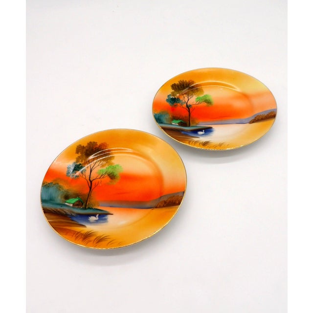 Orange Vintage Noritake Porcelain Plates — Hand-Painted Sunset Lake Scene With Swan, Gold Rim, M in Wreath Mark, c.1920s-1940s - a Pair For Sale - Image 8 of 9