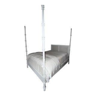 White Lacquer Bamboo-Style Queen Canopy Bed With Cane Headboard Attributed to Oly Studio For Sale