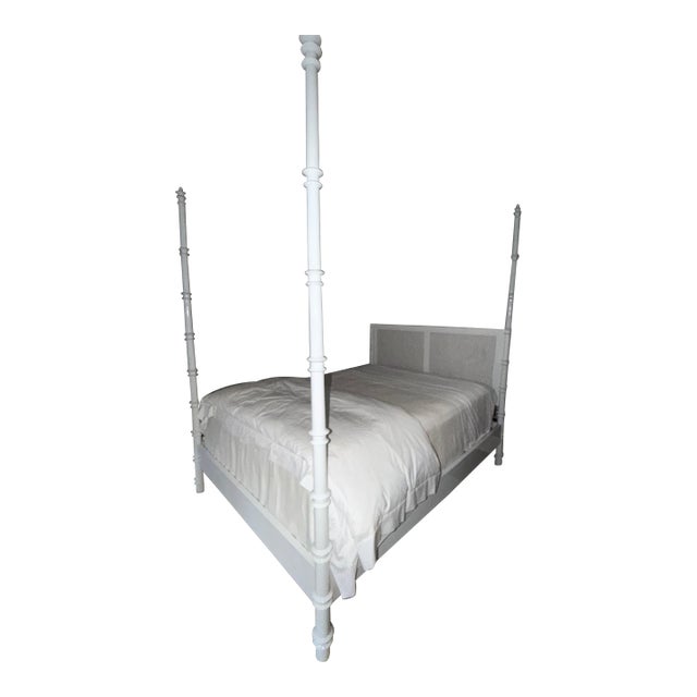 White Lacquer Bamboo-Style Queen Canopy Bed With Cane Headboard Attributed to Oly Studio For Sale
