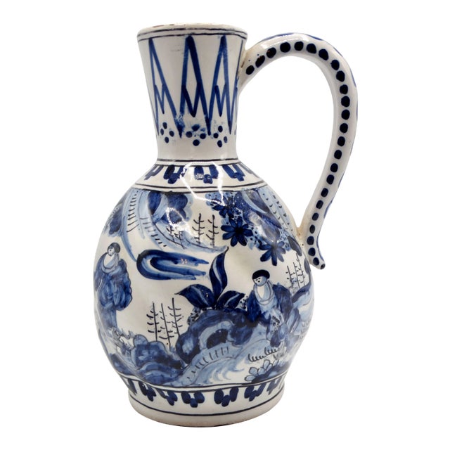 19th-C Dutch Delft Chinoiserie Pitcher With Figures Lobed Hand Painted For Sale