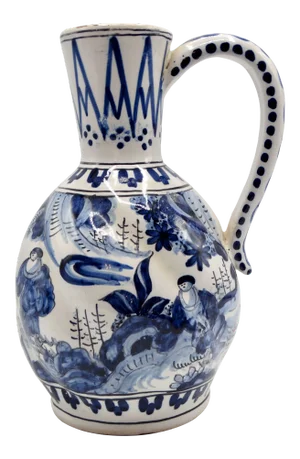 19th-C Dutch Delft Chinoiserie Pitcher With Figures Lobed Hand Painted