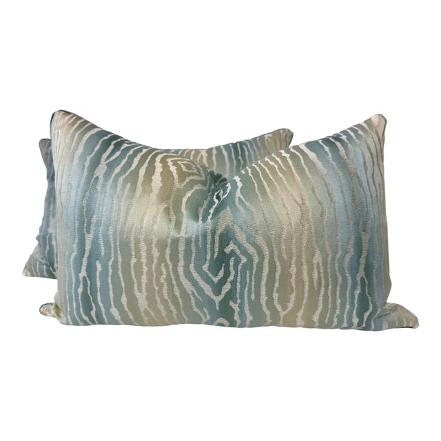 Thibaut "Traduzione" in Robin's Egg 14"x22" Pillows-a Pair For Sale