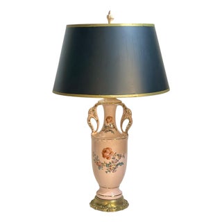 Vintage Floral Decorated Pink Porcelain Urn Lamp With Black & Gold Shade For Sale