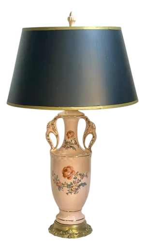 Vintage Floral Decorated Pink Porcelain Urn Lamp With Black & Gold Shade