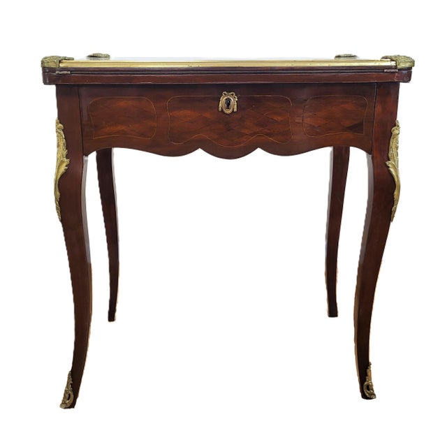 Antique French Bronze & Inlaid Mahogany Flip Top Game Table Desk For Sale - Image 14 of 18