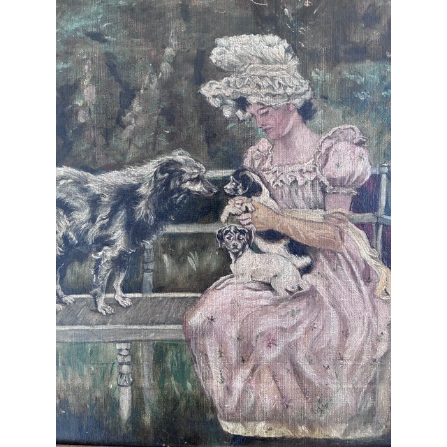 Antique Original Oil Painting of Woman With Dogs in a Garden For Sale - Image 4 of 16