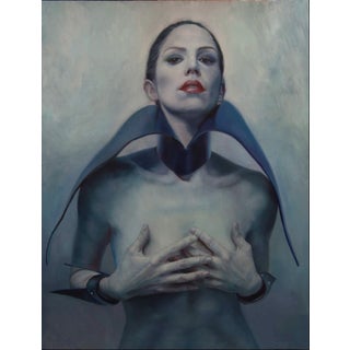 Dark Dreams by Shana Levenson | Oil Painting of a woman with a blue collar and red lips For Sale