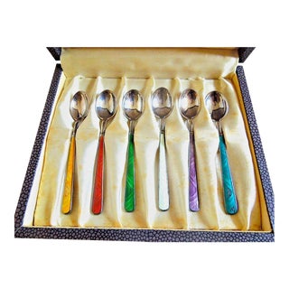 Mid 20th Century Set of 6 Codan Jensen Style Sterling Silver Guilloche Enamel Demitasse Spoons With Box For Sale