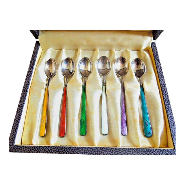 Mid 20th Century Set of 6 Codan Jensen Style Sterling Silver Guilloche Enamel Demitasse Spoons With Box For Sale