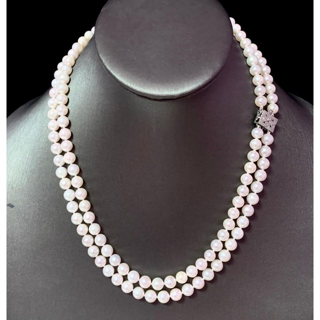 Traditional Diamond Akoya Pearl 2-Strand Necklace 18k Gold Certified For Sale - Image 3 of 11