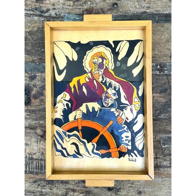 Mid-Century Modern Vintage Nautical Painted Wood Art Tray For Sale - Image 3 of 13