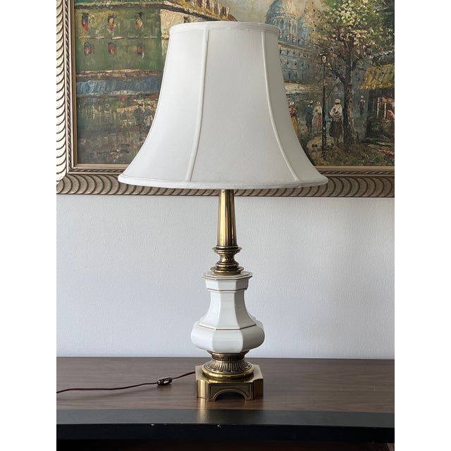 Vintage Tall Stiffel Brass & White Porcelain Lamp For Sale - Image 11 of 11