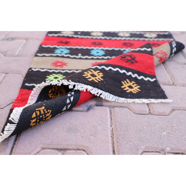 Black 1960s Cabin Style Stripe Design Hand Knotted Oushak Kilim Runner Rug For Sale - Image 8 of 10