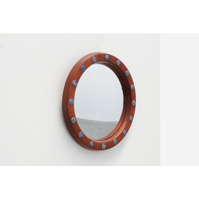 1950s Round Teak Mirror with Blue Ceramic Stud Decoration by Deknudt, 1960s, 1950s For Sale - Image 5 of 11