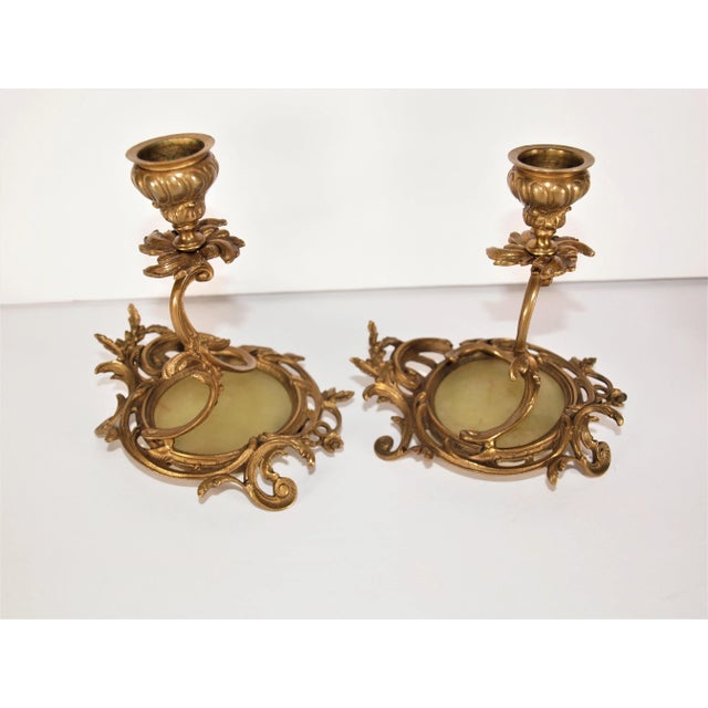 French Antique French Brass Inkwell & Candlesticks With Onyx Center - Set of 3 For Sale - Image 3 of 8