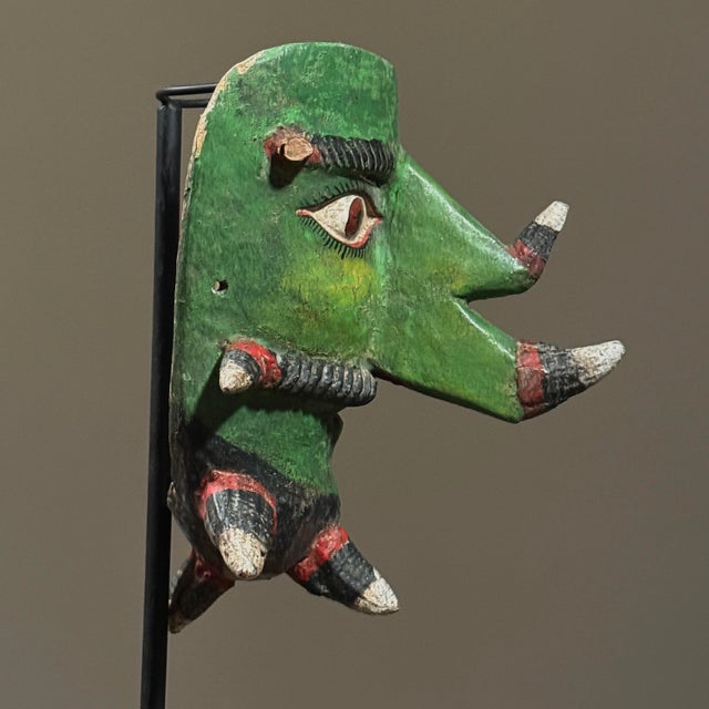Mexican Antique Folk Art Polychrome Caiman Guerrero Green Horned Bearded Man Mask For Sale - Image 3 of 7