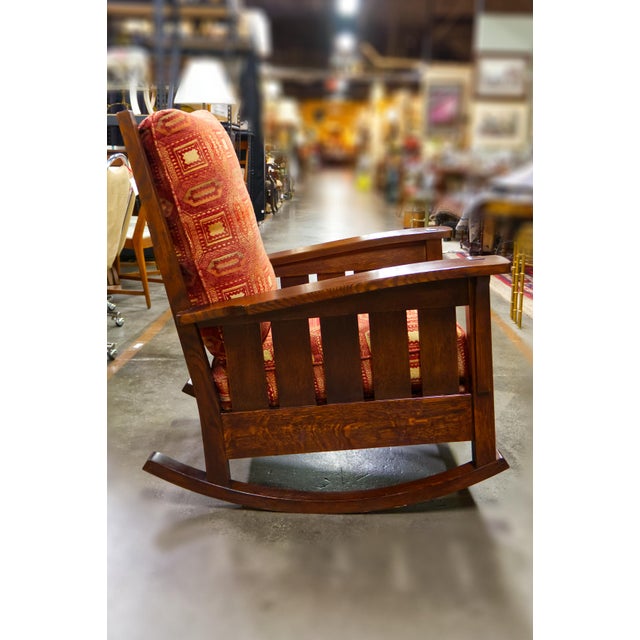 Early 21st Century Arts & Crafts Style Stickley Bow Arm Oak Rocker With Loose Cushions For Sale - Image 5 of 12