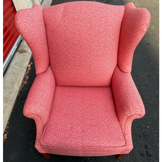 1980s Vintage Pink Leopard Upholstered Chippendale Wingback Chair For Sale - Image 5 of 8
