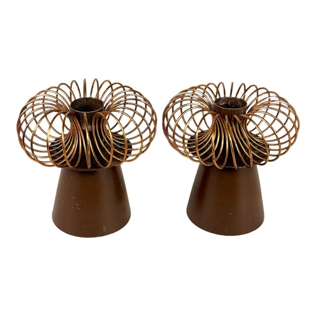 Mid-Century Atomic Copper Spring Mantle Candlestick Holder - A Pair For Sale