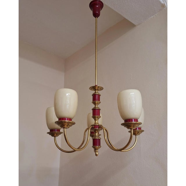Vintage Chandelier with Brass and Cream-Colored Glass Shades, 1970s For Sale - Image 4 of 7