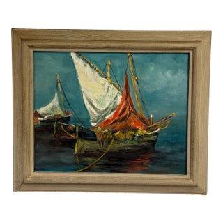 Late 20th Century J. Lamm Boats Seascape Oil Painting, Framed For Sale