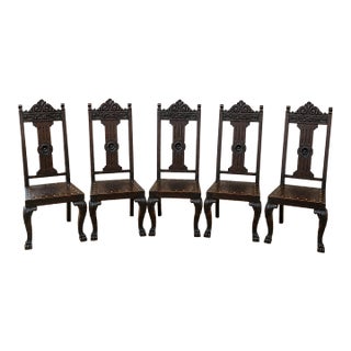 Antique Jacobean Revival Dining Chairs, Set of 5, Carved Wood & Embossed Leather For Sale