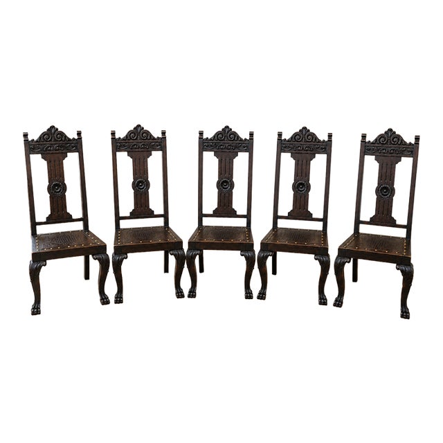 Antique Jacobean Revival Dining Chairs, Set of 5, Carved Wood & Embossed Leather For Sale