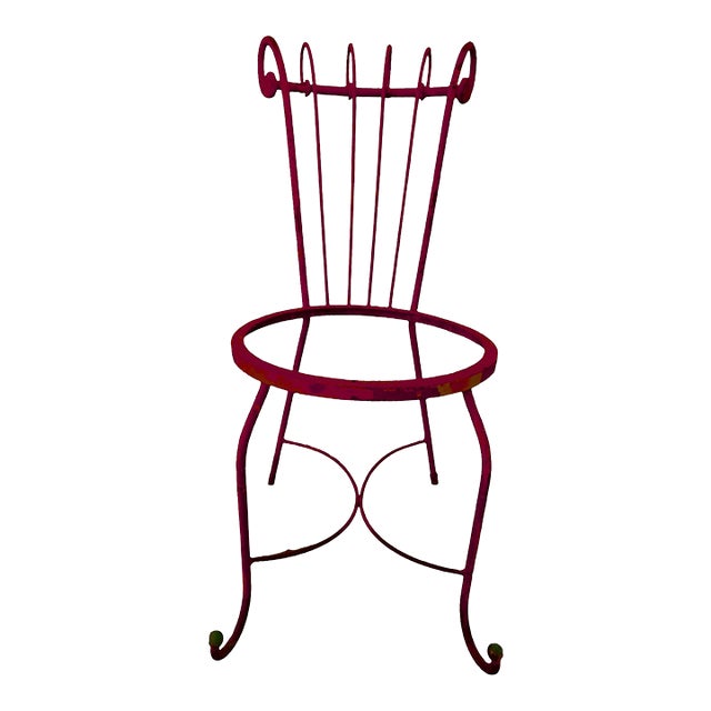 50s Mathieu Matégot Style Red Scroll Back Wrought Iron French Outdoor Patio Chair For Sale